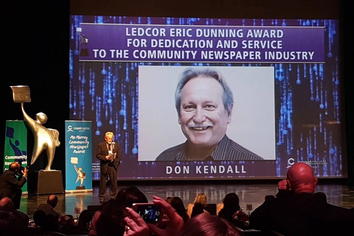 Veteran Black Press Media publisher Don Kendall was honoured at the B.C. & Yukon Community Newspaper Association awards on Saturday night. (Dustin Godfrey/Penticton Western News)