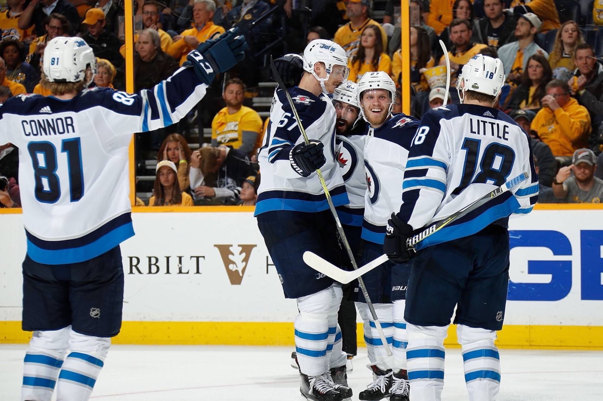 The Winnipeg Jets celebrate a goal in Nashville on Saturday night as they beat the Predators 6-2 to take a 3-2 series lead. The Jets are the last remaining Canadian team in the playoffs and look to advance to the Western Conference final today as game 6 will begin at 6:30 p.m. in Winnipeg (via @NHLJets/Twitter)