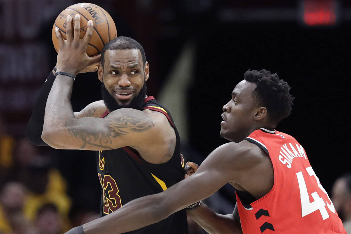 Cleveland Cavaliers’ LeBron James looks to drive on Toronto Raptors’ Pascal Siakam (43), from Cameroon, in the second half of Game 4 of an NBA basketball second-round playoff series, Monday, May 7, 2018, in Cleveland. (AP Photo/Tony Dejak)
