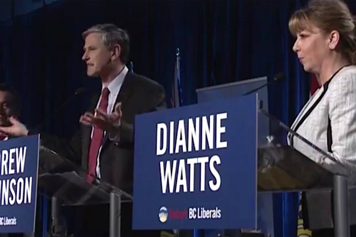 Andrew Wilkinson and Dianne Watts spar in the B.C. Liberals’ last leadership debate, Jan. 30, 2018. (Black Press files)
