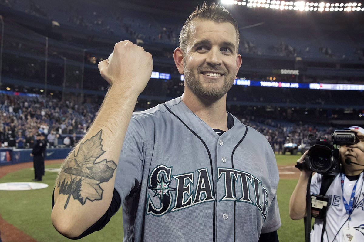 Seattle Mariners starting pitcher James Paxton, from Ladner, shows off his Maple Leaf tattoo after pitching a no-hitter against the Toronto Blue Jays in American League MLB baseball action in Toronto on Tuesday May 8, 2018. Paxton is the first Canadian to have a no-hitter since Toronto’s Dick Fowler did it for the Philadelphia Athletics in 1945. THE CANADIAN PRESS/Fred Thornhill