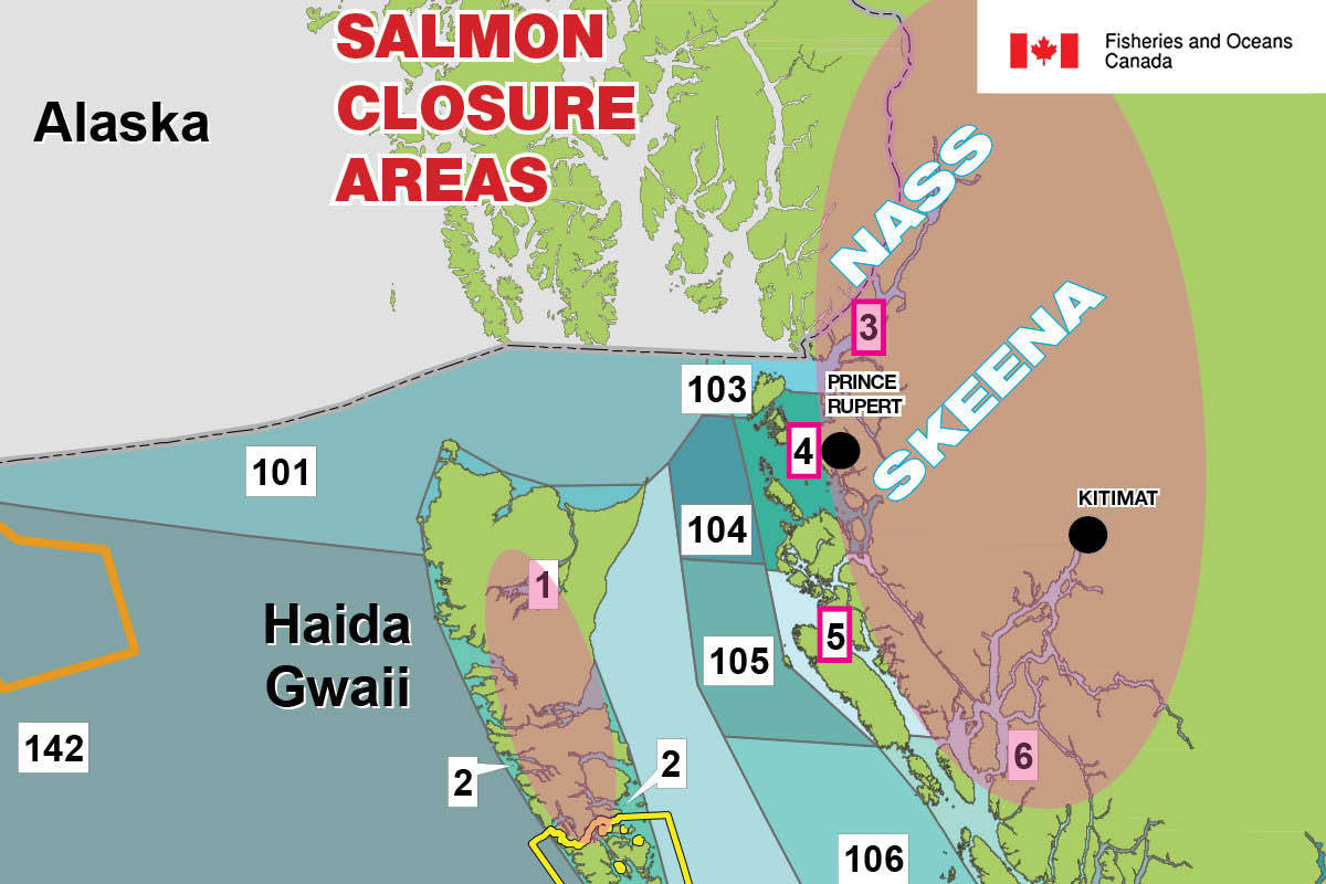 Salmon closures announced for the Skeena and Nass Rivers, as well as rivers on Haida Gwaii. (Fisheries and Oceans Canada map)