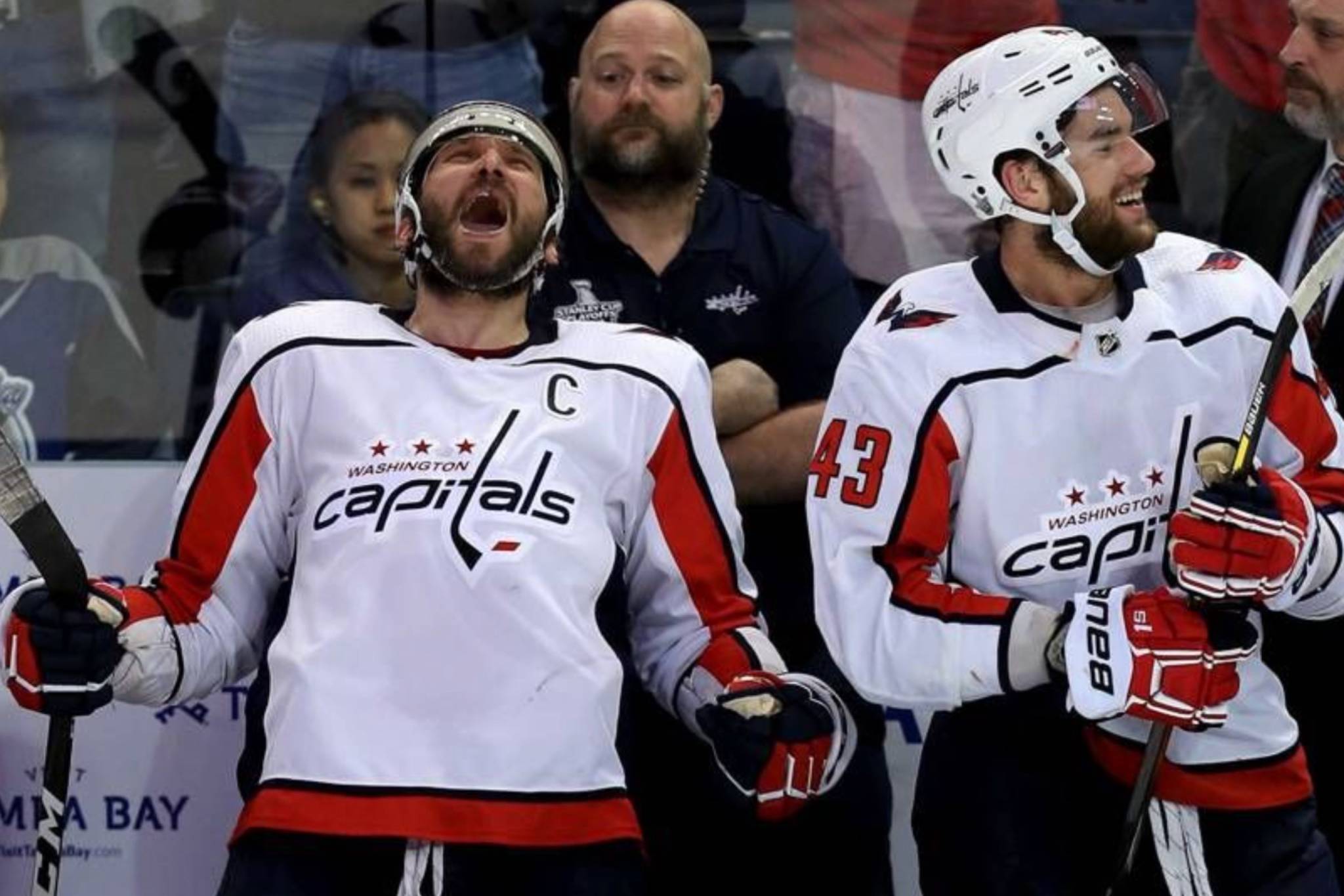 Washington Capitals captain Alex Ovechkin celebrates as the Capitals defeated the Tampa Bay Lightning in Game 7 of the Eastern Conference final to advance, for the second time in franchise history, to the Stanley Cup final. (via @WiserFan/Twitter)