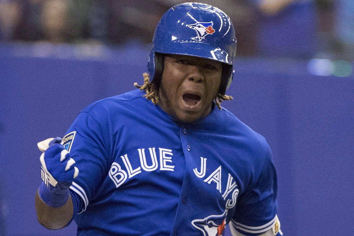 Toronto Blue Jays’ Vladimir Guerrero Jr. celebrates his walk-off home run to defeat the St. Louis Cardinals 1-0 during ninth inning spring training baseball action Tuesday, March 27, 2018 in Montreal. Guerrero Jr. is tearing up the minor leagues in his first two months at double-A New Hampshire. THE CANADIAN PRESS/Paul Chiasson