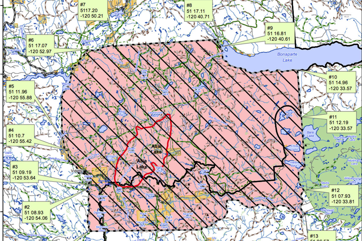 Map of the restricted area around the Allie Lake wildfire provided by the BC Wildfire Service.