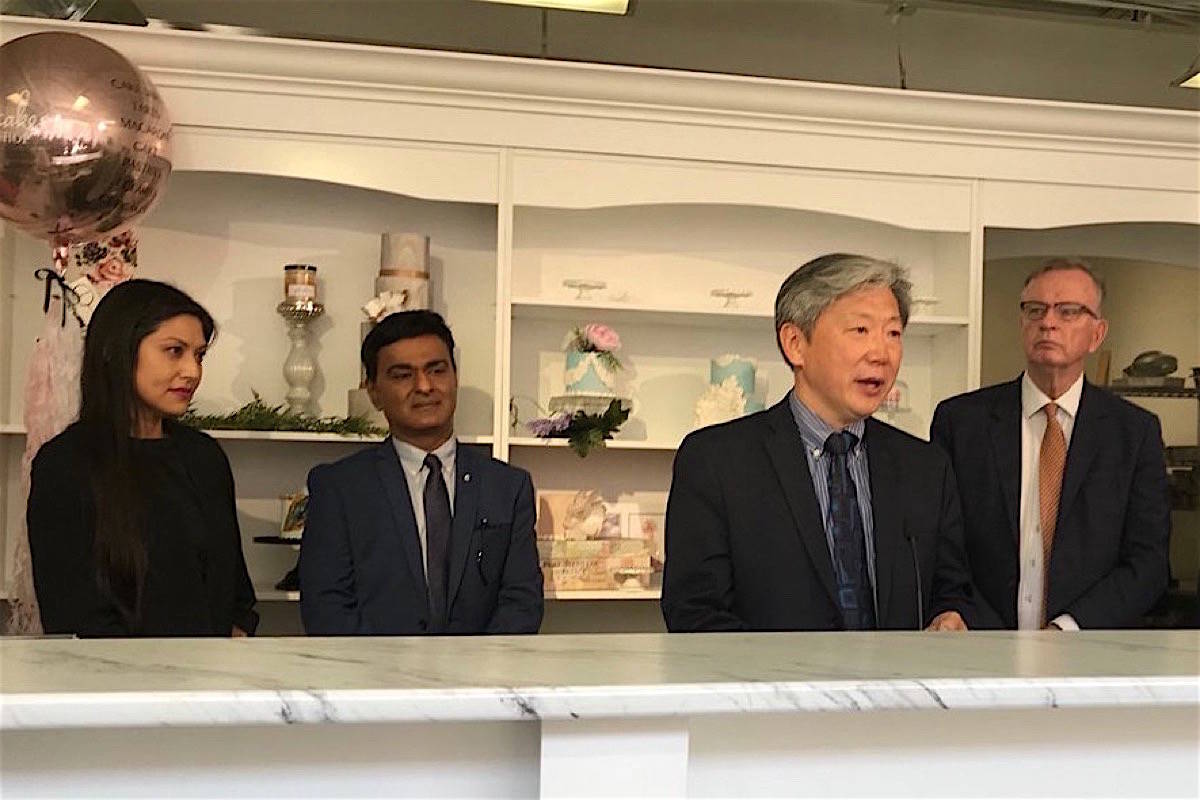 B.C. Jobs Minister Bruce Ralston (right) introduces small business task force members, Cybel Negris, CEO of Webnames.ca, Shahraz Kassam, owner and CEO of Shamin Diamonds and Michael Hwang, founder of Amicus Lawyers, May 2, 2018. (B.C. government)