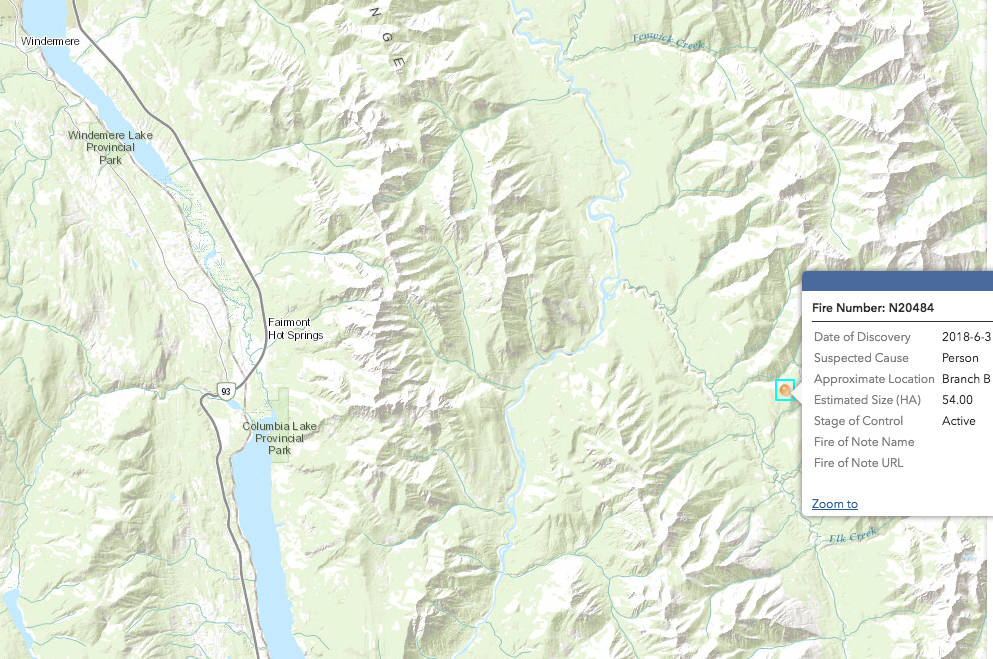 ‘Out of control’ wildfire burning east of Fairmont Hot Springs