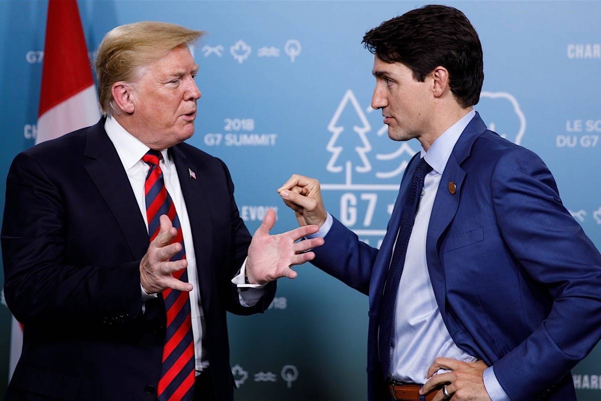 U.S. President Donald Trump meets with Prime Minister Justin Trudeau at the G7 meeting in Quebec, June 8, 2018. (Prime Minister’s Office)