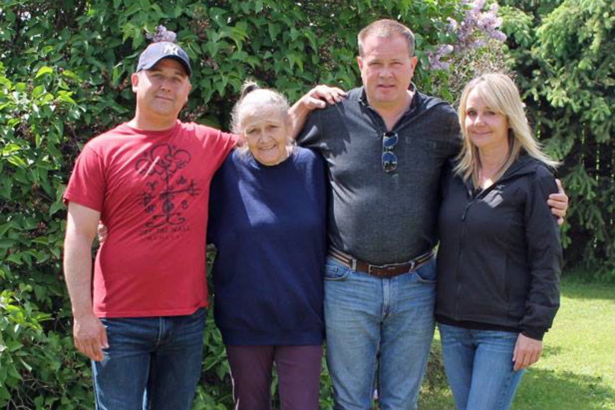 David Hjerto (centre right) meets his brother Richard (far left) and sister Robbin (far right) for the first time after reaching out to his biological mom Patsy (centre right) and reuniting with her.                                Contributed photo
