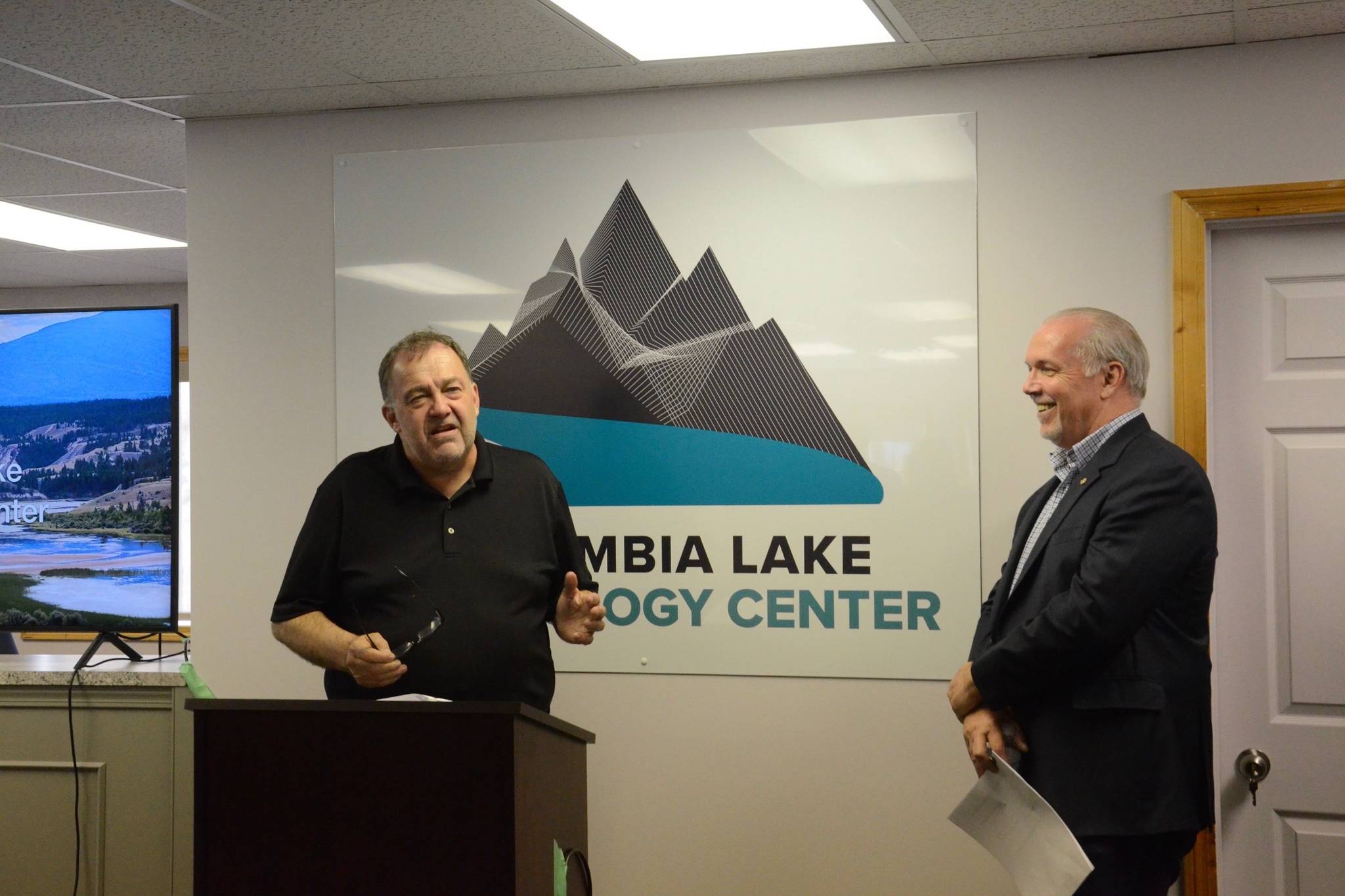 BIDCo owner Brian Fehr and Premier John Horgan in a press conference Tuesday, June 12th in Canal Flats at the site of the old Canfor mill, which was shut down in 2015 and is now being reinvigorated with a plan for a technology centre. Photo by Dauna Ditson