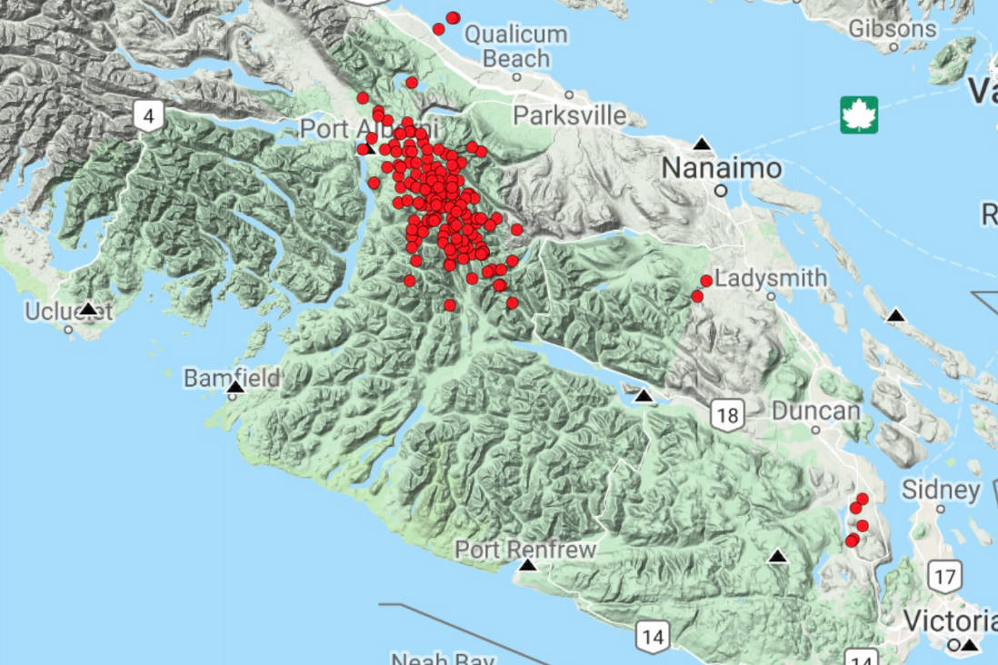 There have been more than 150 tremors during the past 24 hours stretching from the Alberni Valley to Cowichan. (Photo John Cassidy and pnsn.org)