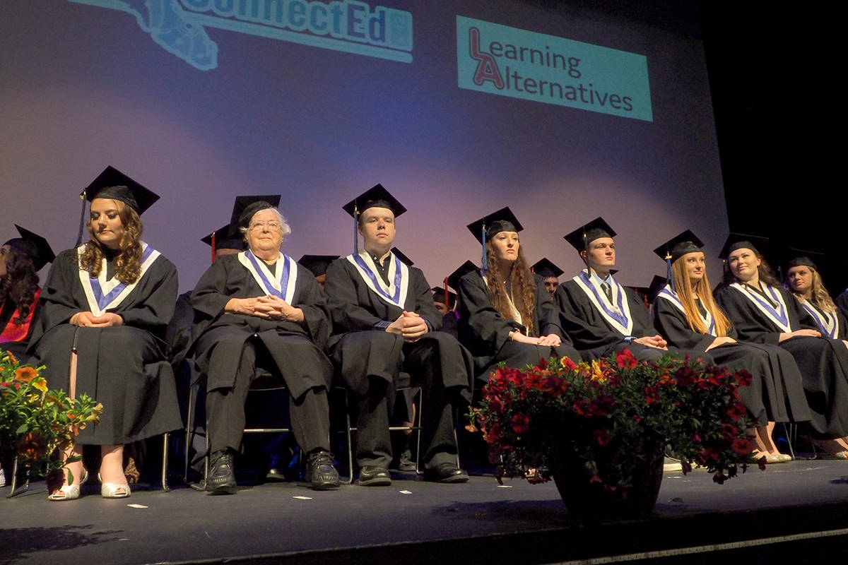 Nanaimo’s Joan Deebank, 92, waits her turn on Tuesday at Malaspina Theatre to cross the stage and receive her high school diploma along with other Island ConnectEd and Vocational Adult Secondary Training students. CHRIS BUSH/The News Bulletin