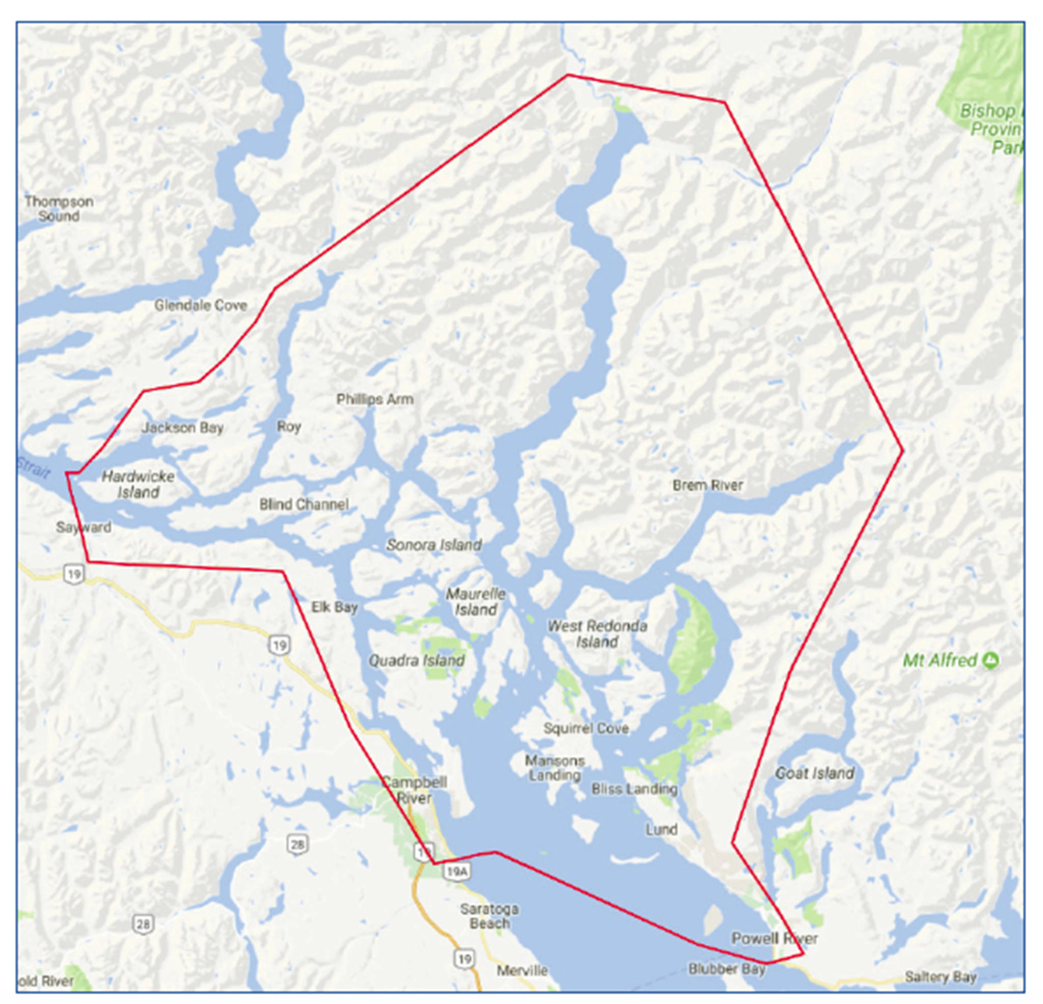 This map outlines the area where the proposed marine trail system would be located. First Nations support is vital for the project, said John Kimantas, who led a workshop about the idea in Campbell River on Tuesday. Image courtesy of the BC Marine Trails Network Association