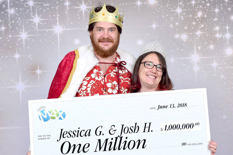 Jessica Gallagher and Joshua Hartnell play king and queen for a day in the BCLC office as they pick up their $1 million prize. (BCLC photo)