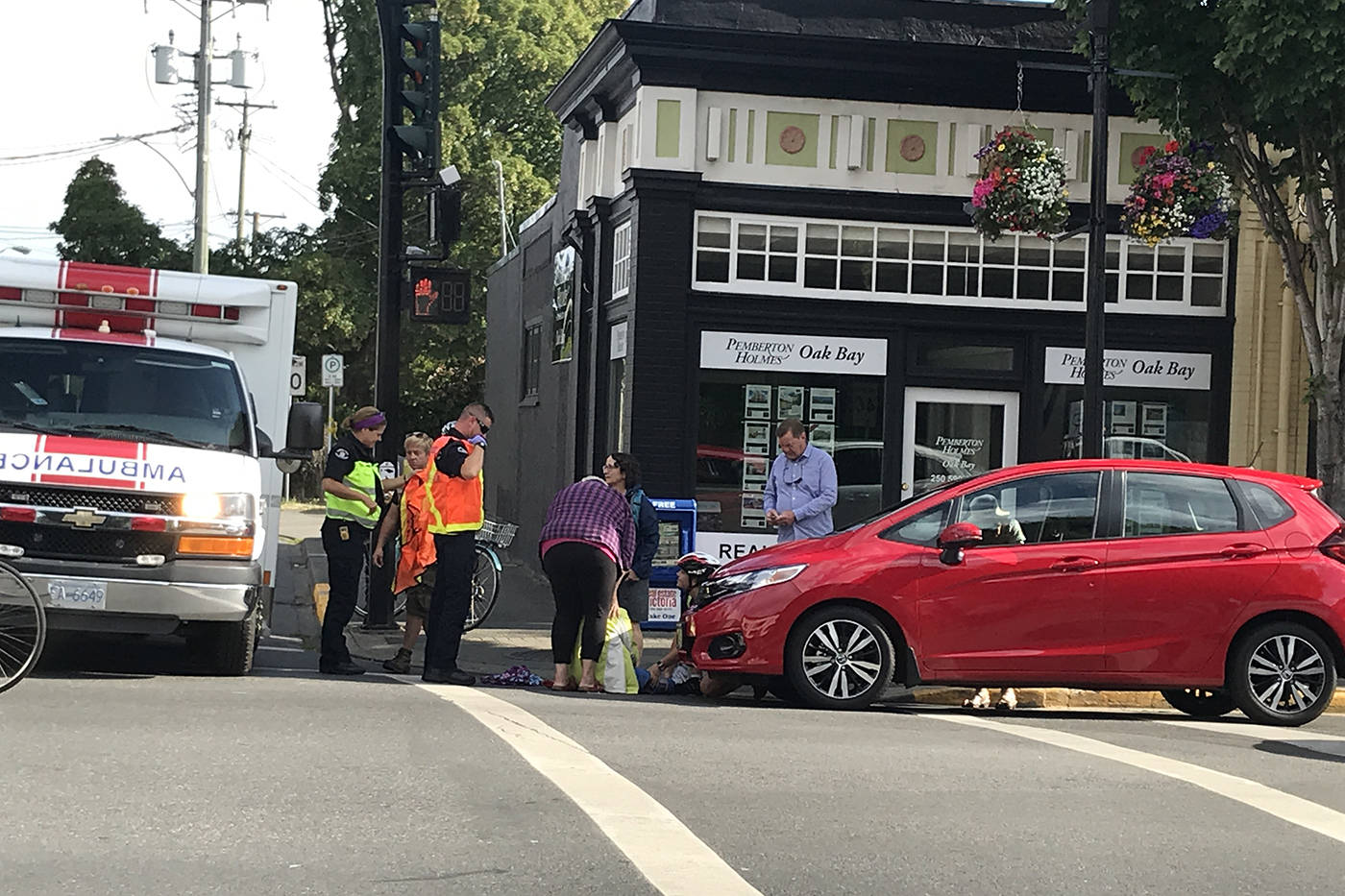 A pedestrian was struck in a crosswalk this morning on the border of Oak Bay and Victoria. The woman was hit around 9 a.m. as she crossed Foul Bay Rd. at Oak Bay Ave.. A driver turning right onto Foul Bay Rd.‎ from Oak Bay Ave. saw the pedestrian but believed they had safely crossed when they proceeded. (Keri Coles/Oak Bay News)
