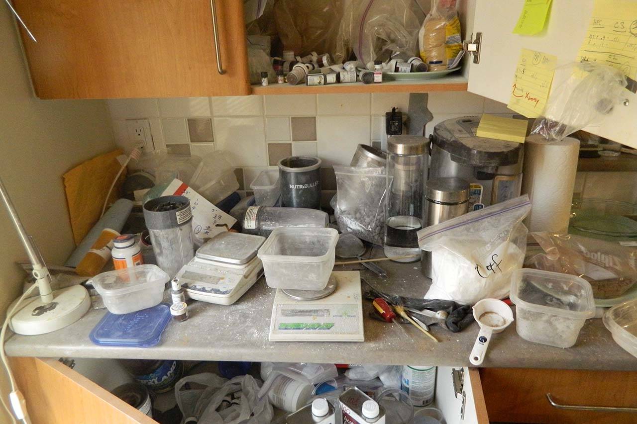 Illegal fentanyl lab in the Burnaby apartment, from the 2016 police search. (Delta Police Department photo)