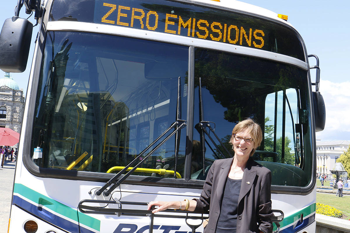 Minister of Transportation and Infrastructure Claire Trevena called it an “exciting moment” to see the province’s first 100 per cent electric bus hit the streets of Victoria, and hopes it is just the start of building an entirely electric fleet for BC Transit. Kristyn Anthony/VICTORIA NEWS