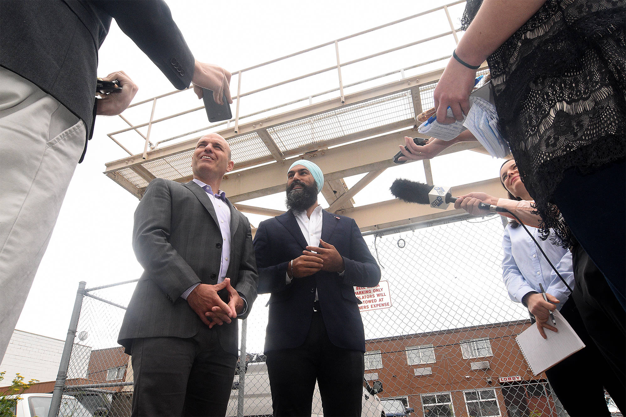 Federal NDP Leader Jagmeet Singh and Skeena-Bulkley Valley NDP MP Nathan Cullen meet with press in Terrace, B.C., during Singh’s tour of the Northwest. (Quinn Bender photo)