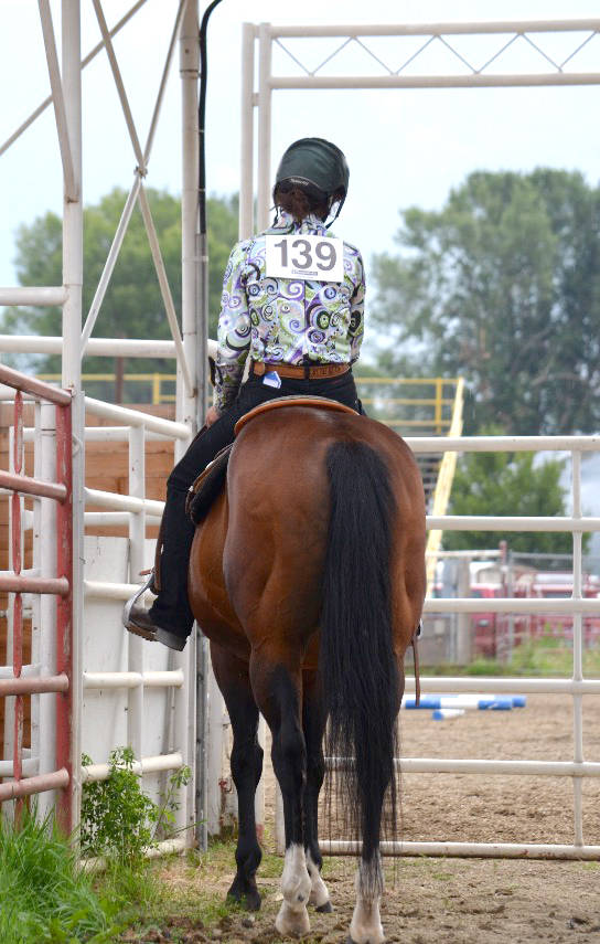Caralynn Currie with Cowboy wait for their turn at trail during the BC 4H Okanagan Stock Show last weekend in Armstrong. (Submitted photo)