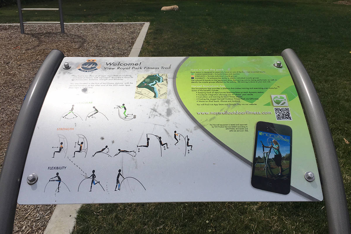 This sign that used to be in View Royal Park has been taken down due to a malfunction. When scanning the QR code on the far right with a smartphone app, it brings up an Asian porn website. (Photo courtesy of Keith Davies)