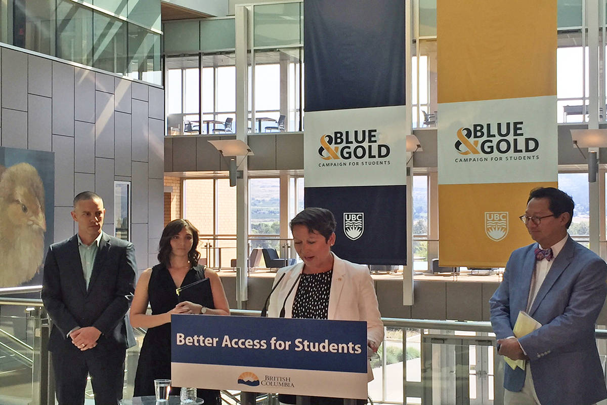B.C. Advanced Education, Skills and Training announces new post-graduate scholarship initiative for UBC at the UBC Okanagan campus Wednesday morning. Photo: Barry Gerding/Black Press