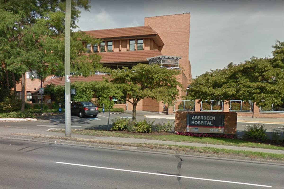 A Saanich man is charged with four counts of sexual assault believed to have occured at Aberdeen Hospital on Hillside Avenue. Google