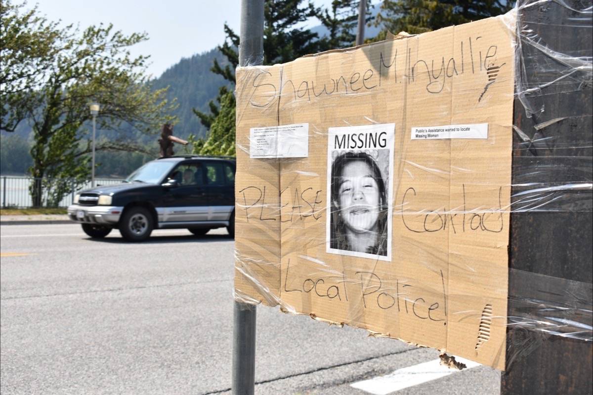 A cardboard sign along Water Avenue in Hope is part of the effort to locate 29-year-old Shawnee Morita Inyallie. Emelie Peacock/Hope Standard