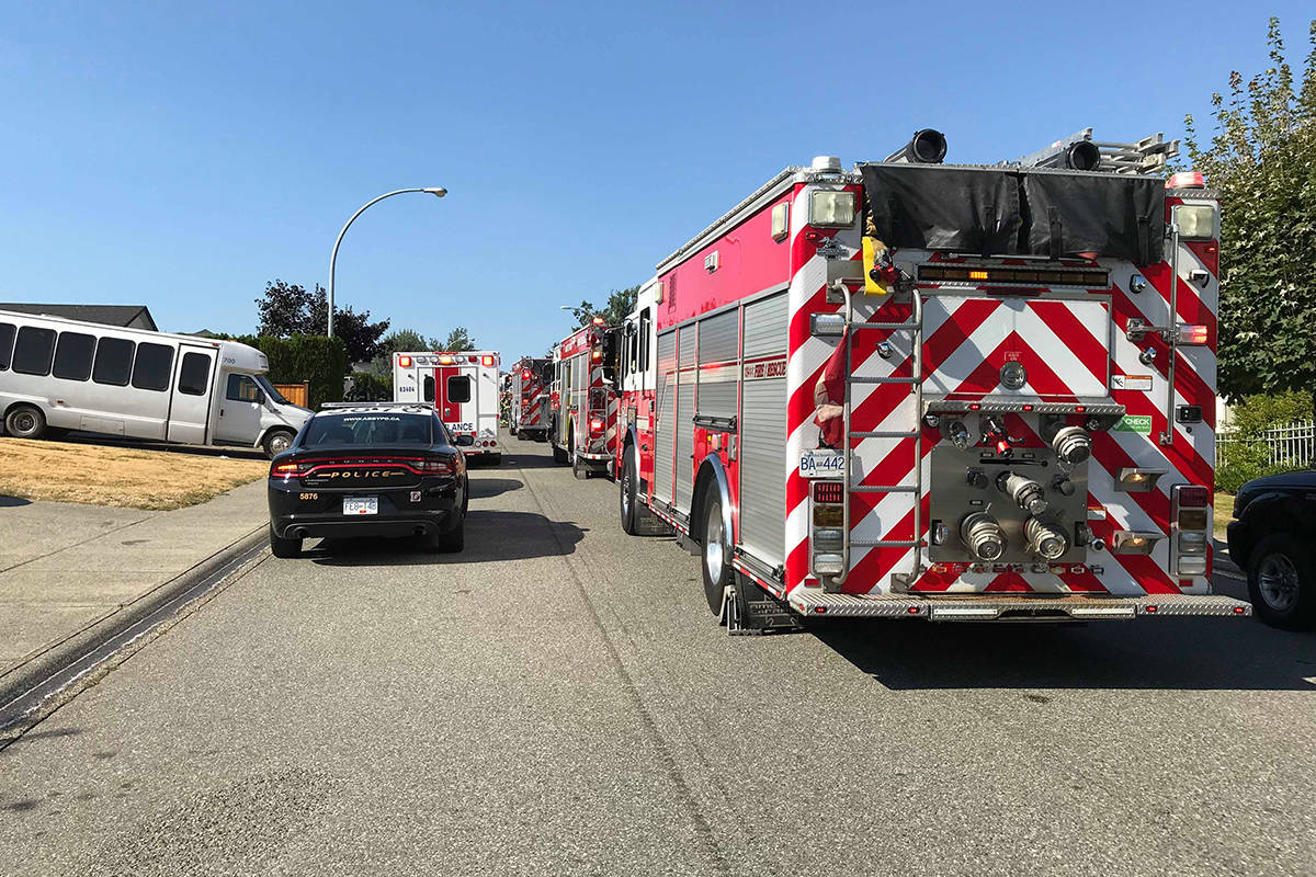 Emergency crews responded to a garage on fire Thursday evening at a home on Ponderosa Street. Ben Lypka/Abbotsford News