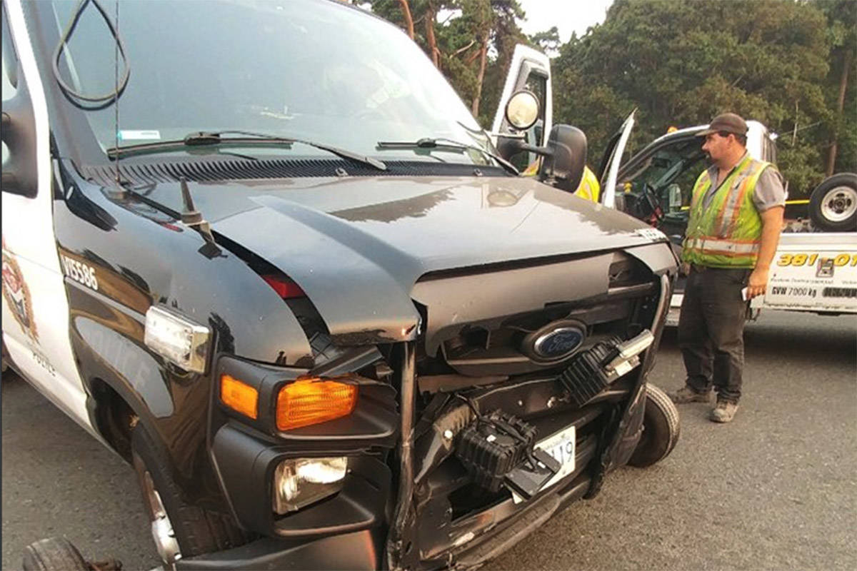The impaired driver of a vehicle collided with this VicPD Patrol van on the corner of Cook Street and Dallas Road shortly after 3 a.m. Tuesday morning. VicPD photo