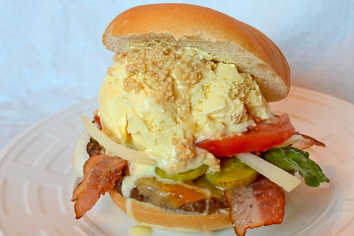 The Garlic Vanilla Milkshake Burger is one of two specialty ice cream burgers being offered by Langley’s Brian Jones at the Fair at the PNE this year. Submitted photo