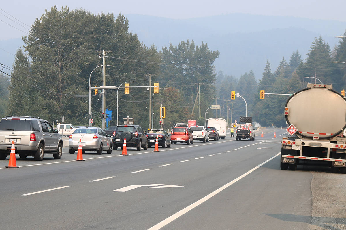 Traffic heading north on the Trans-Canada Highway up the Malahat being rerouted onto Westshore Parkway. (Lindsey Horsting/News Gazette staff)