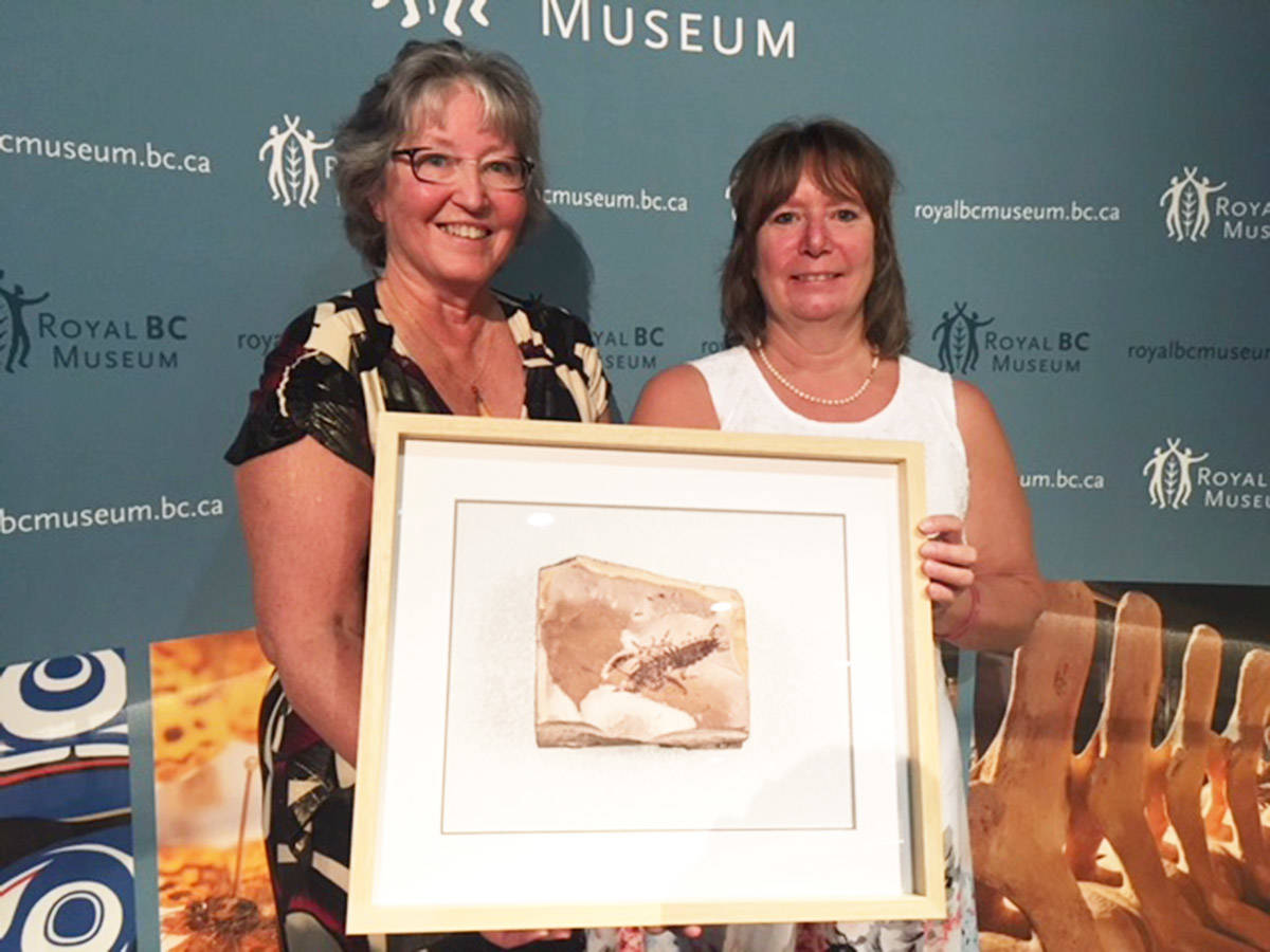 Linda Langevin (left) holds a framed photo of a crayfish fossil discovered by her late husband David Langevin and his colleague John Leahy, the late husband of Bernita Wienhold-Leahy (right), a gift from the Royal BC Museum for donating David and John’s collection of 18,000 fossils some 52 million years old, found at McAbee Fossil Beds Heritage Site near Cache Creek, B.C. Kristyn Anthony/VICTORIA NEWS