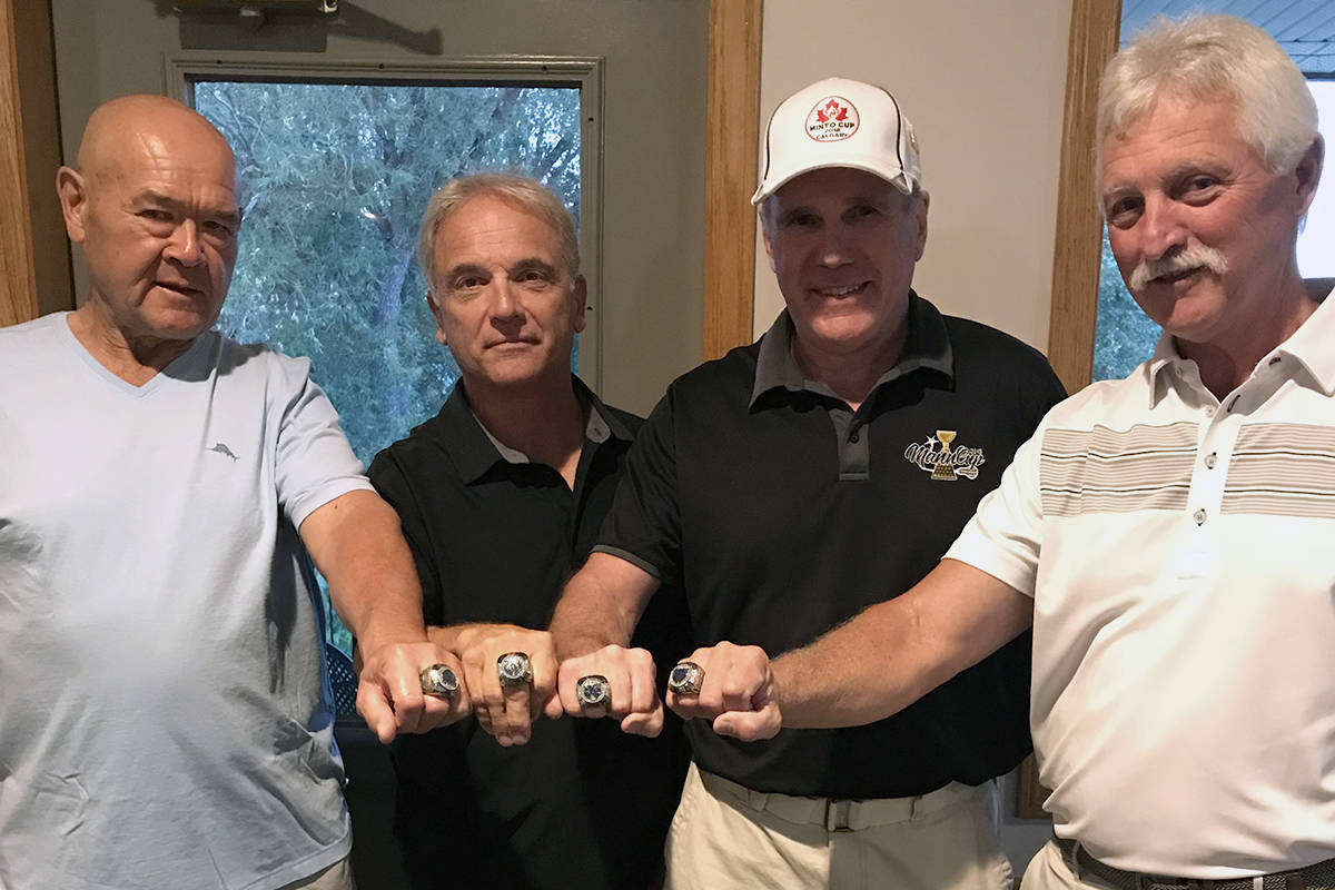 Vernon Tigers, from left, Graydon Brown, Marty Stein, Terry Mosdell and Dale Rintoul display their championship rings at the Vernon Golf & Country Club.                                Vernon Tigers, from left, Graydon Brown, Marty Stein, Terry Mosdell and Dale Rintoul display their championship rings at the Vernon Golf & Country Club.