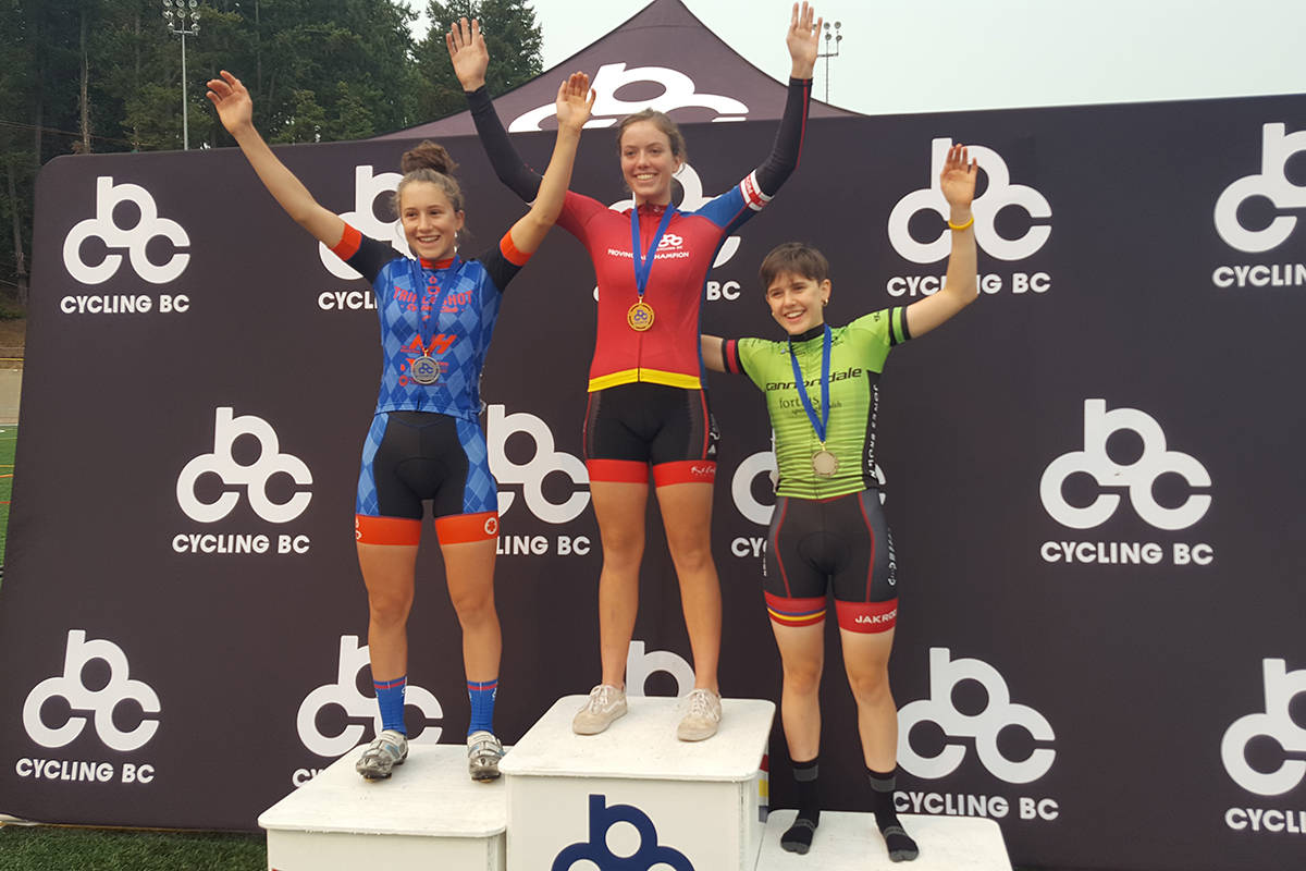 Megan Barnes (center), North Saanich resident, won gold in the U17 women’s Omnium at the Westshore Velodrome for the 2018 Provincial Track Championships. (Photo courtesy of Sherry Barnes)
