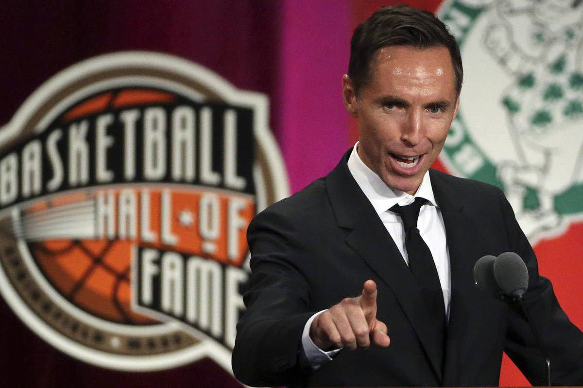 Steve Nash speaks during induction ceremonies into the Basketball Hall of Fame, Friday, Sept. 7, 2018, in Springfield, Mass. (AP Photo/Elise Amendola)