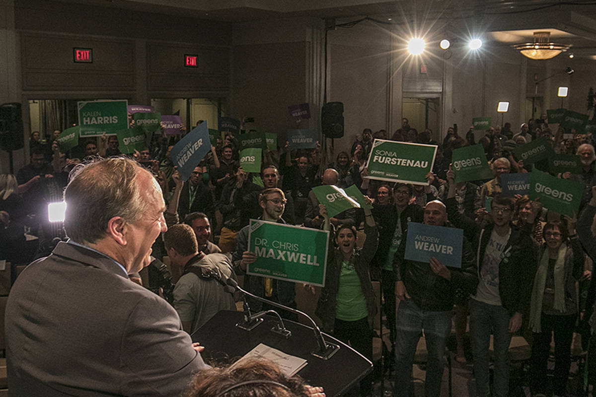 Andrew Weaver is welcomed by his supporters at the B.C. Green Party Headquarters at the Delta Ocean Pointe Resort May 9, 2017. (Arnold Lim/News staff)