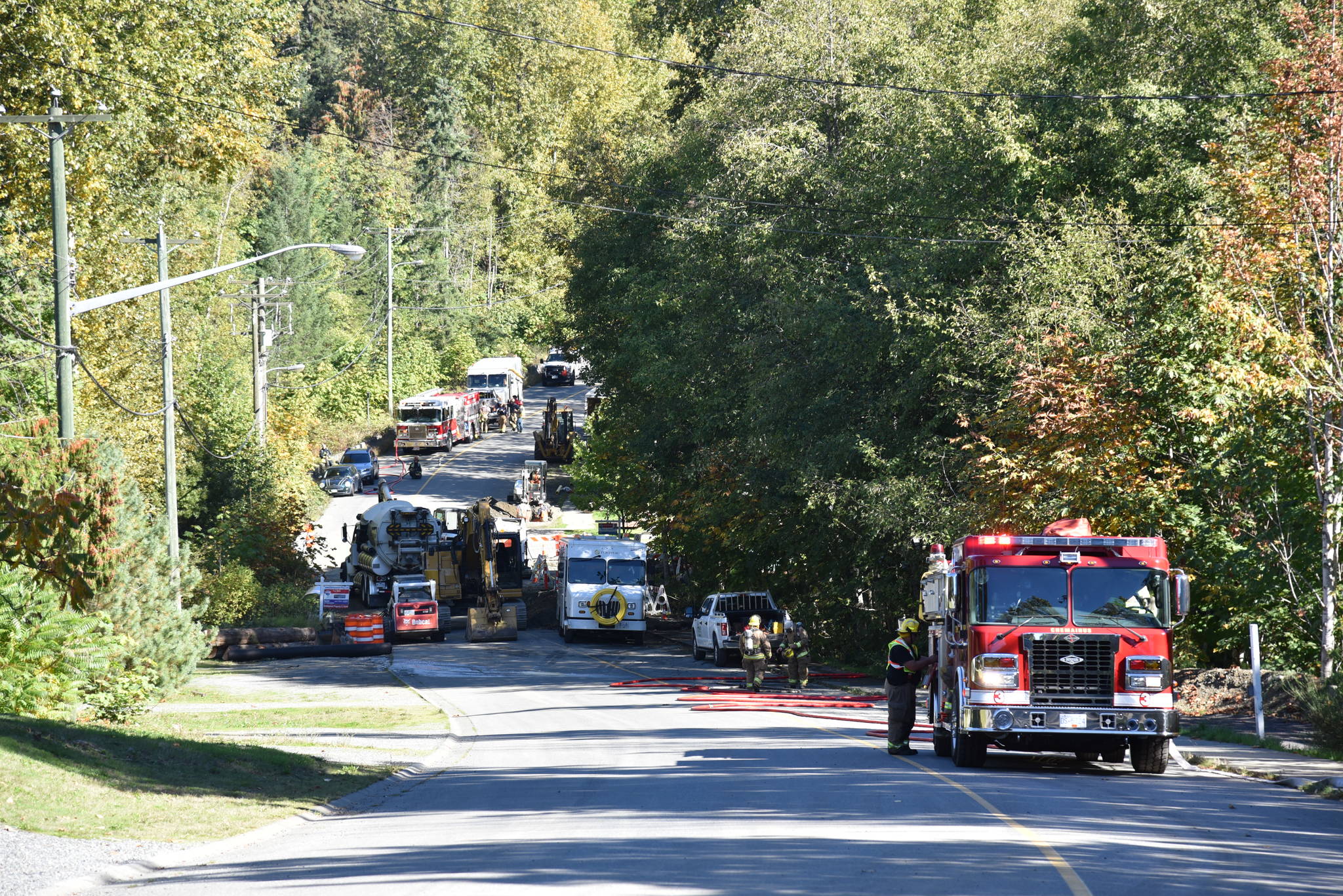 Ladysmith, North Oyster and Chemainus firefighters responded to the gas leak on 4th Avenue on Friday. (Mike Gregory Photo)