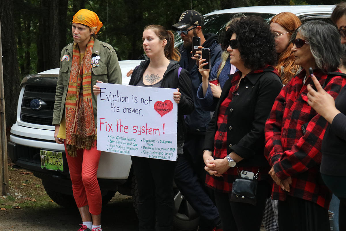 Tent city holds a rally in front of Goldstream Park campground