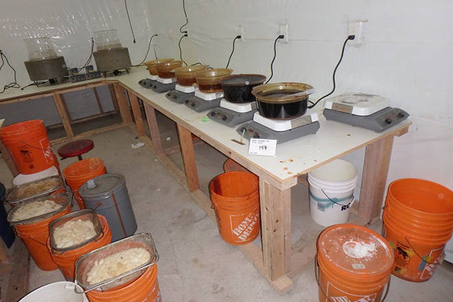 Three West Kelowna men are facing charges related to a meth “super lab” that was discovered in Rock Creek. RCMP photo