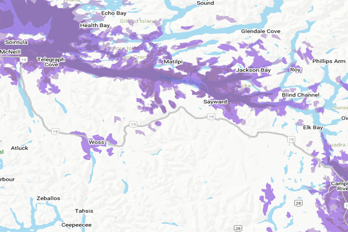 Google Maps photo                                Cellular phone coverage areas between Campbell River and Port McNeill