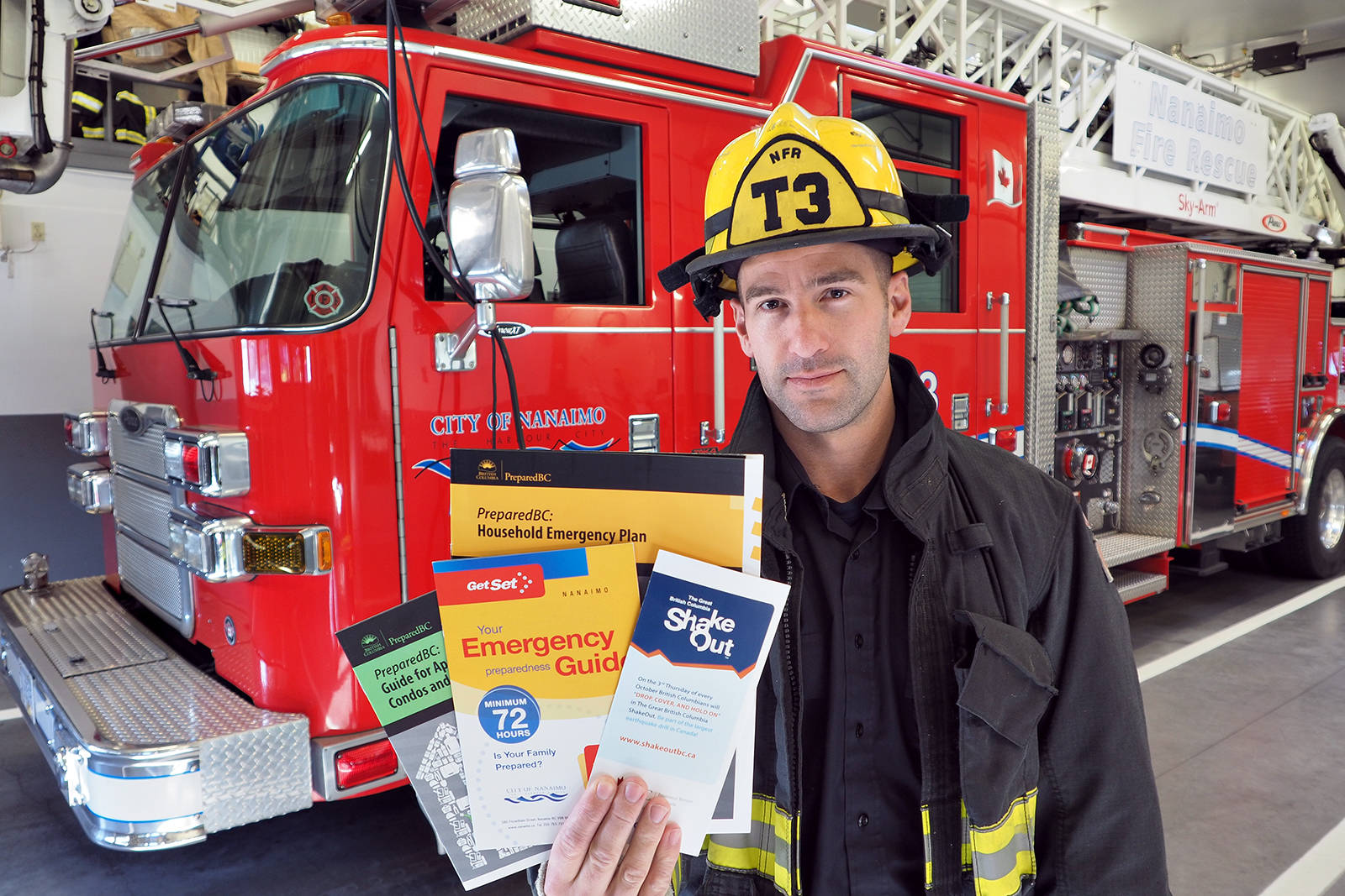 Following a major seismic event, it could take firefighters, such as John MacKenzie and other members of Nanaimo’s emergency services, several days to reach areas of the city that will need their help. The best way to get through that period is through knowledge and preparation and the City of Nanaimo and the province have literature available to help residents prepare for and survive major disasters. CHRIS BUSH/The News Bulletin