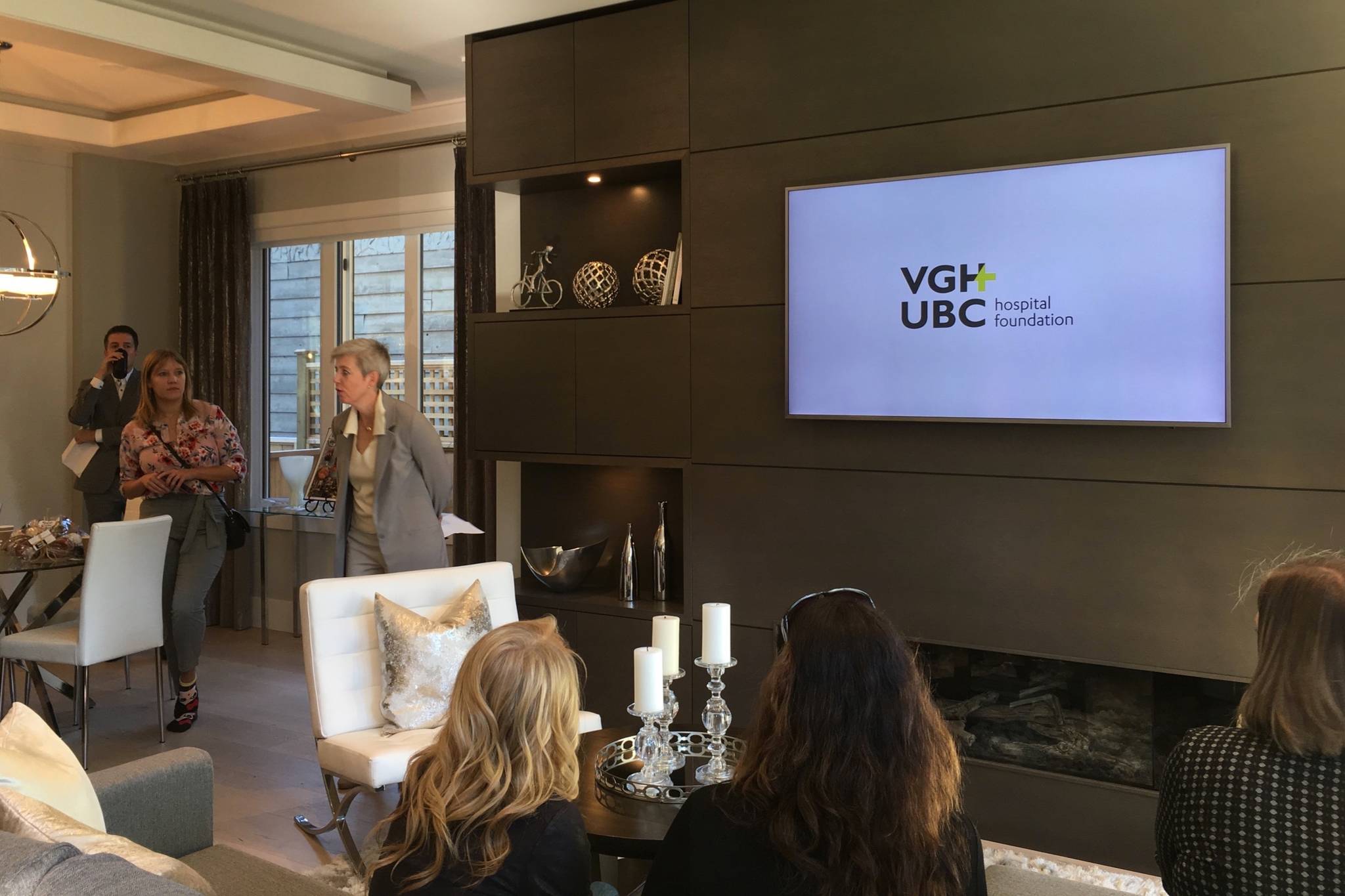 Angela Chapman, Senior Vice-President of Philanthropy with VGH and UBC Hospital Foundation, delivers a speech to announce the 2018 Millionaire Lottery located at the Tsawwassen Grand Prize home (Photo by Kieran O’Connor/Black Press Media)