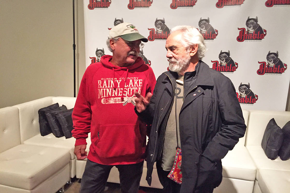 Brad McIntosh (left), from Minnesota, came to Canada to celebrate the legalization of cannabis on Oct. 17 and ventured to Kelowna for a chance to meet his comedic hero and marijuana advocate Tommy Chong. Photo: Barry Gerding/Black Press