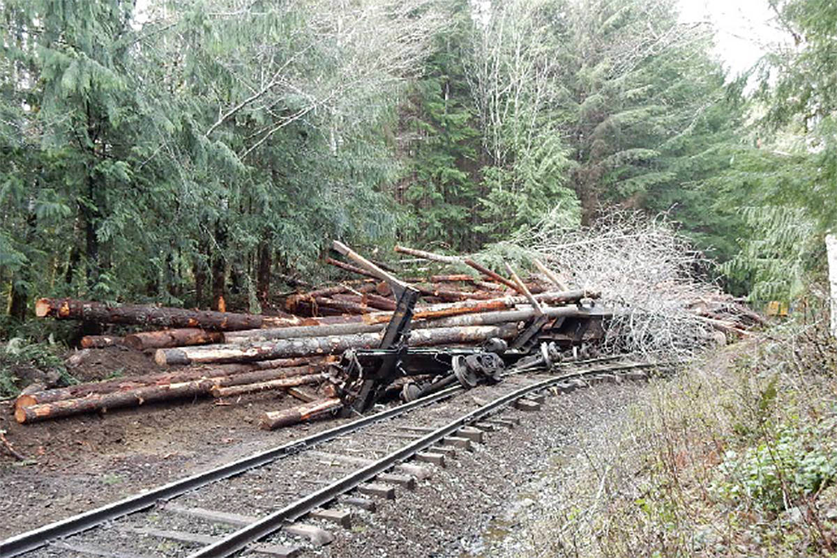 A RCMP photo included in a WorkSafeBC report shows the scene of a fatal derailment in Woss on April 20, 2017. A faulty coupler released 11 cars down the track, striking a work crew, killing three and seriously injuring two.