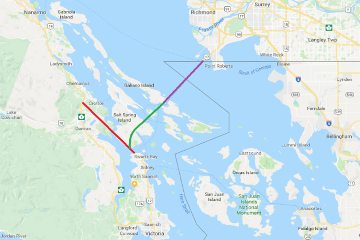 The three different colours detail the three different stages of Pat Clements’ proposed alternative to the Malahat. Red is the 10-year plan, green represents the 20-year plan and the purple line represents the addition for the 50-year plan. (Map courtesy of Pat Clements)