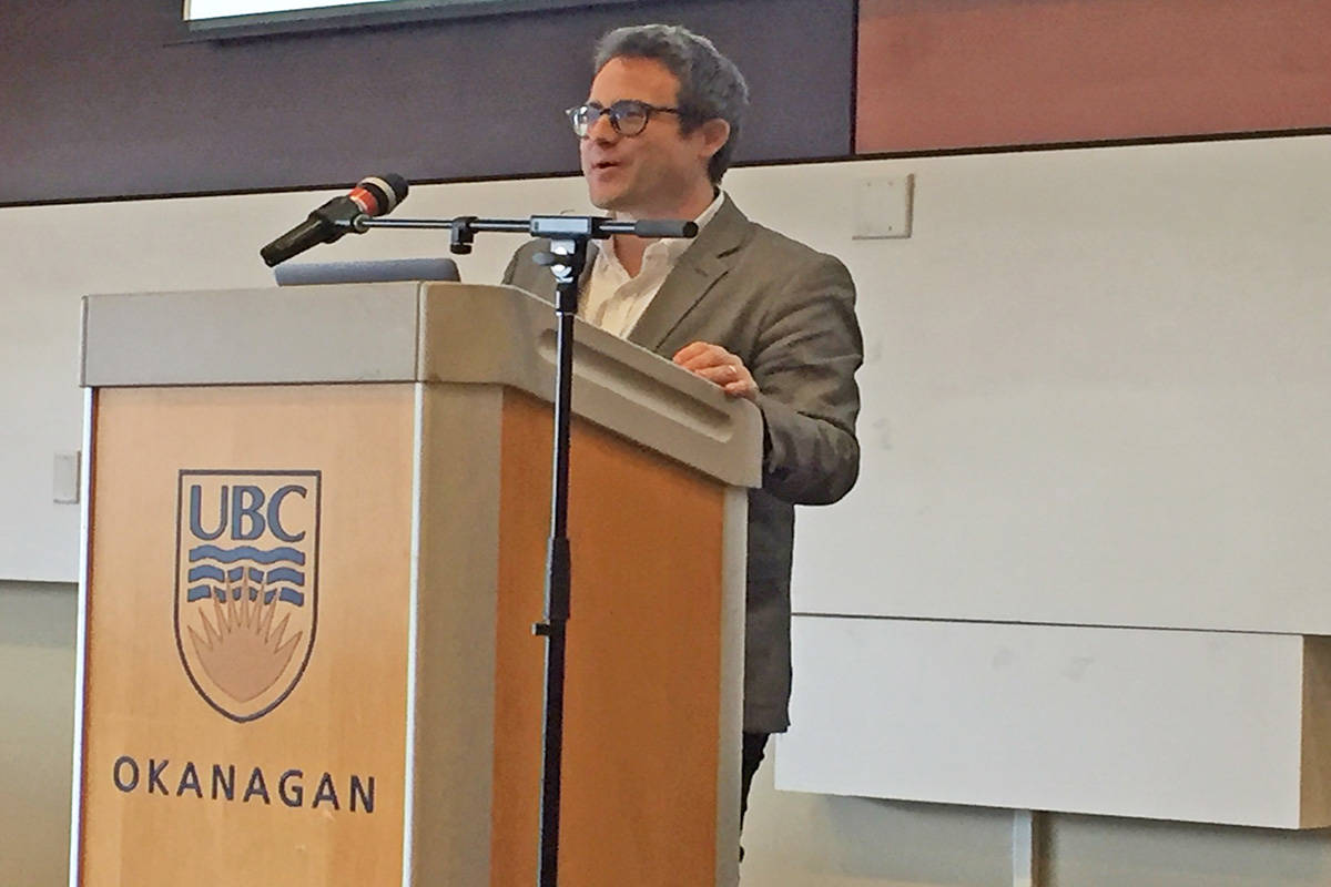 UBC assistant professor Taylor Owen spoke about the negative impact of social media technology at a conference held Friday at UBC Okanagan. Photo: Barry Gerding/Black Press