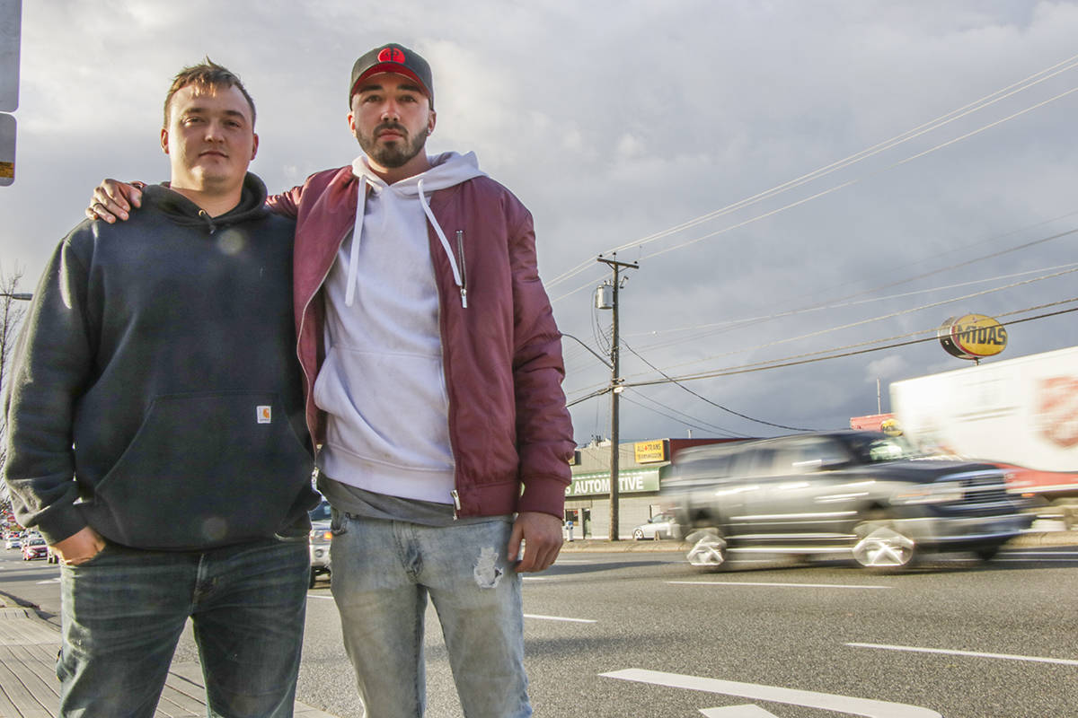 Now back in Abbotsford, two friends, Jeremy Scholing (left) and Matt Burnett, reflect on the night of Halloween, when they helped to possibly save a man’s life after he was struck by a five-ton truck on Lougheed Highway in Pitt Meadows. Dustin Godfrey/Abbotsford News