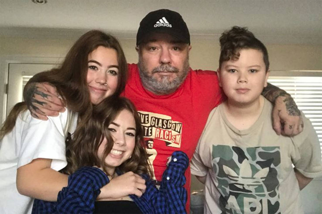 Nick Cooper and his three children in Chilliwack. Once a member of a violent extremist group in England, Cooper left that world but after 13 years in Canada, CBSA ordered him deported by Nov. 30.