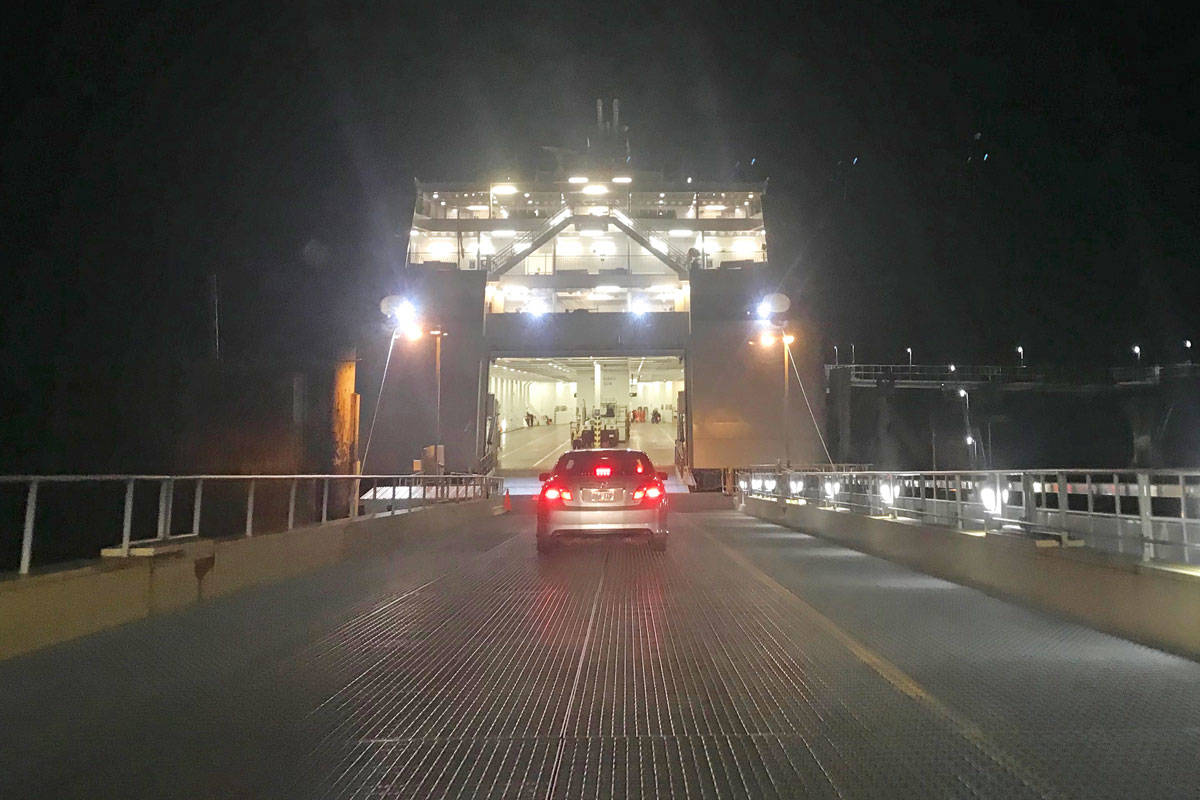 Driving onto the ferry. BC Ferries predicts traffic levels for statutory holidays through historic monitoring. (Keili Bartlett/News staff)