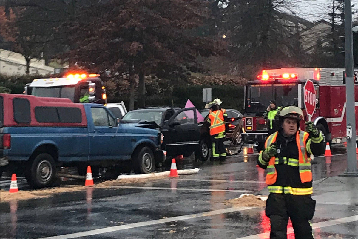 View Royal Fire responded at 7 a.m. to a head-on collision between two trucks at Admiral’s Road on Nov. 9. (Black Press staff photo)